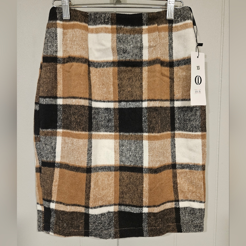 Oi Wool Blend Plaid Mini Skirt Size XS Brown Black Zipper 25x20 Lined NWT